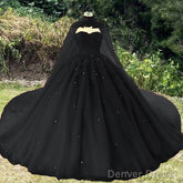 Vintage Black Wedding Dress Ball Gown For Gothic Weddings With Cape Prom Dress, Evening Dress